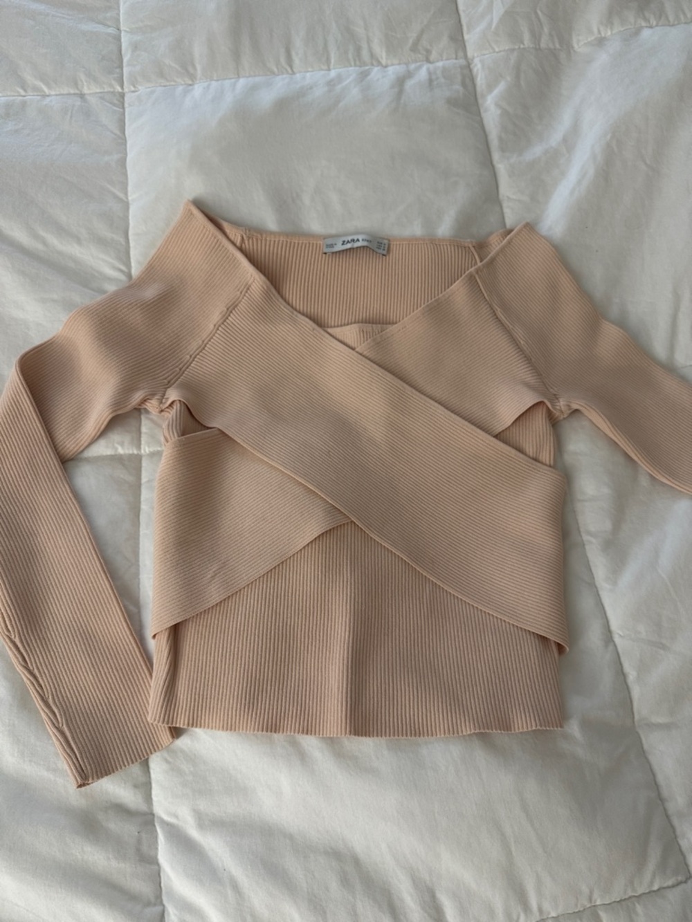 Zara Blush Ribbed Wrap-Style Long Sleeve Top